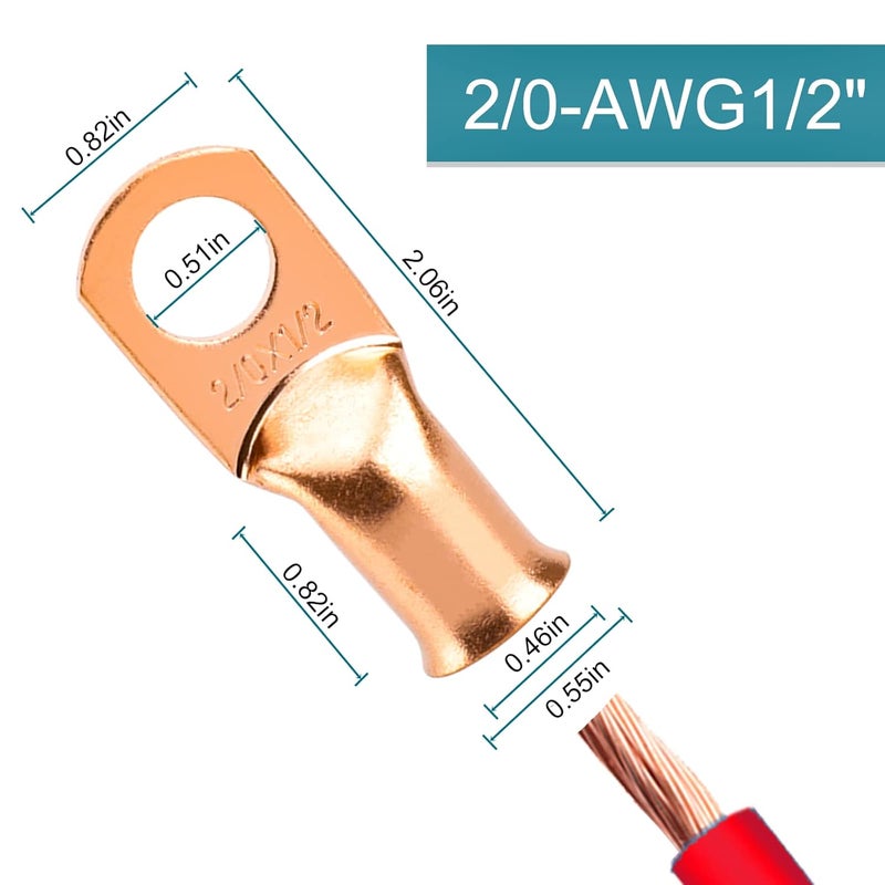 SDZONGES 4 قطع موصلات طرف البطارية، نهايات كابل البطارية، موصلات سلك قياس 2/0، أطراف حلقة برغي قياس 2/0 AWG 1/2"، موصلات سلك نحاسية مع أنابيب انكماش حراري. - Image 2